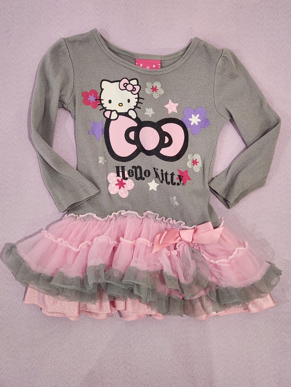 2012 Hello Kitty 3T Long Sleeve Glitter Bow Graphic Ruffle Tulle Skirted Top